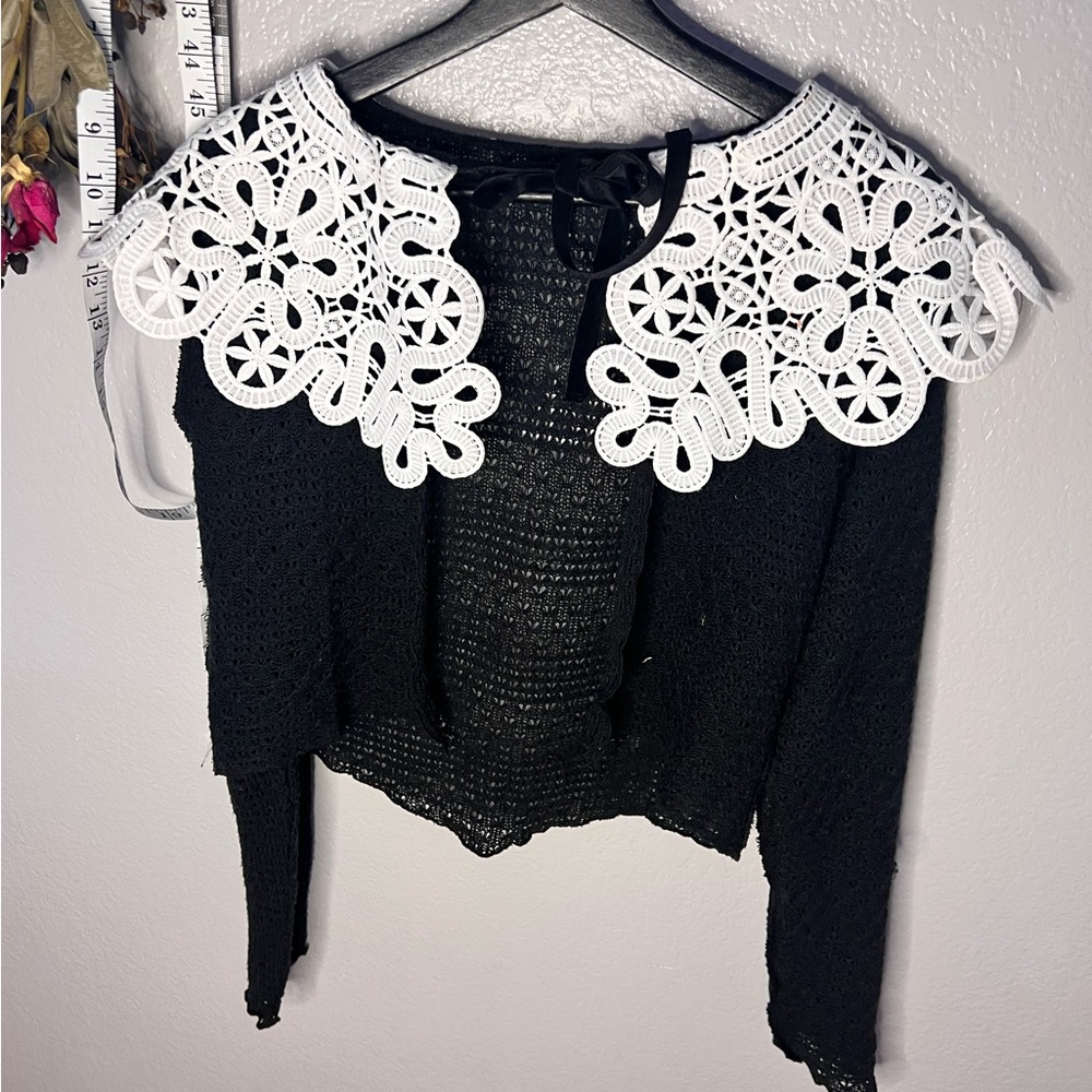 Disturbia Black Cardigan with White Lace Collar